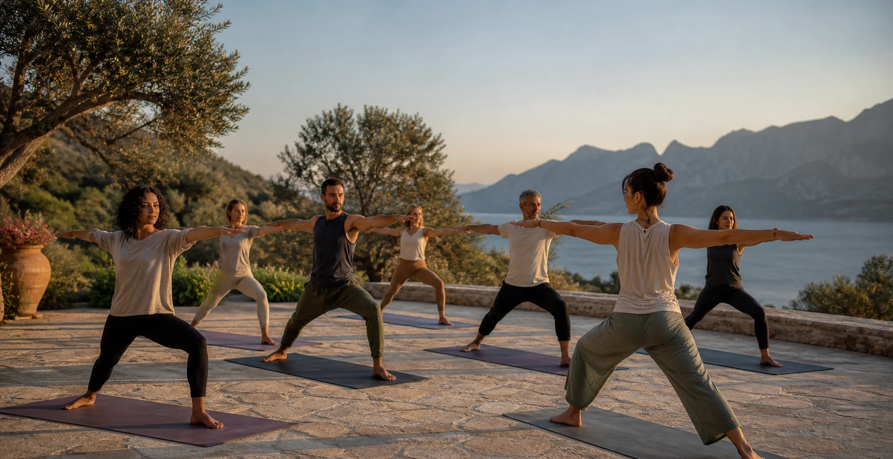 Small adult yoga class on a Mediterranean terrace near Antalya