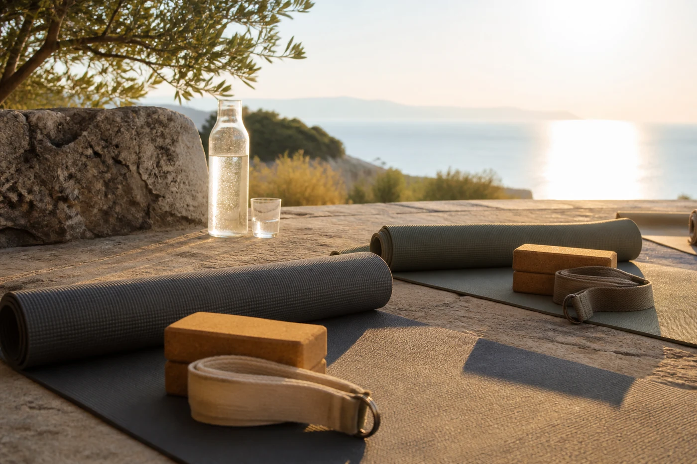 Yoga mats blocks straps and water prepared on an Antalya terrace